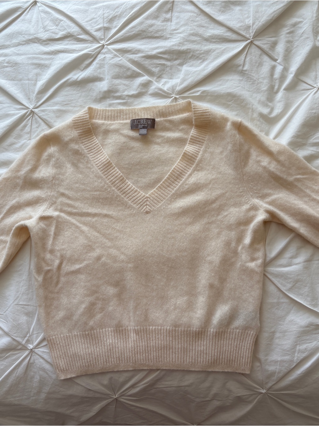 J. Crew Cream Fitted V-Neck 100% Cashmere Sweater